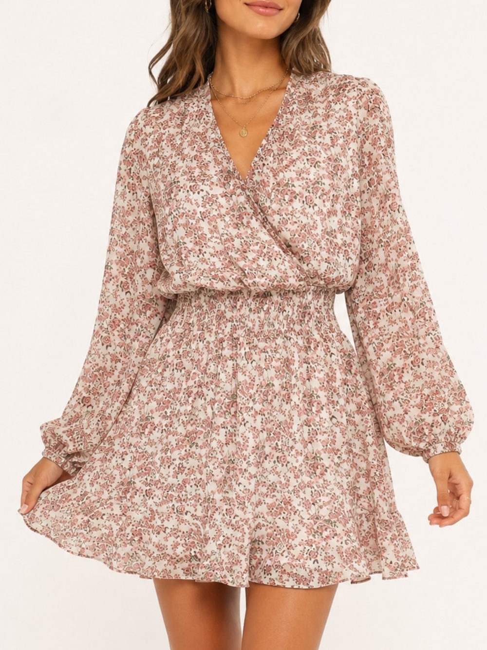 Dress Up Pink Ditsy Floral Mini Dress Smocked Waist Long Sleeve Boho Chic Medium